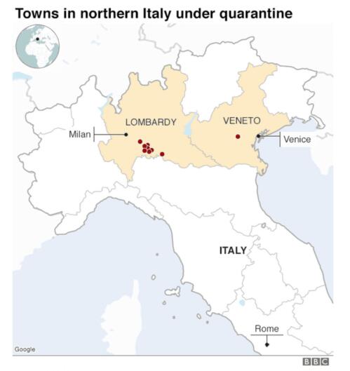 意大利北部被隔离封锁的城镇。图自BBC
