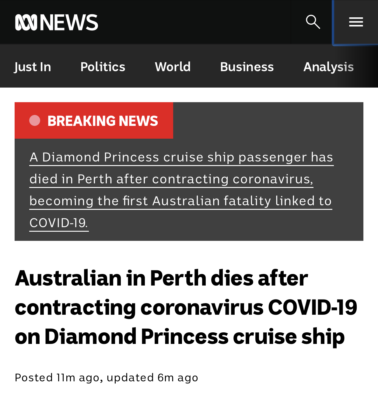 澳大利亚首例新冠肺炎死亡病例曾搭“钻石公主”号