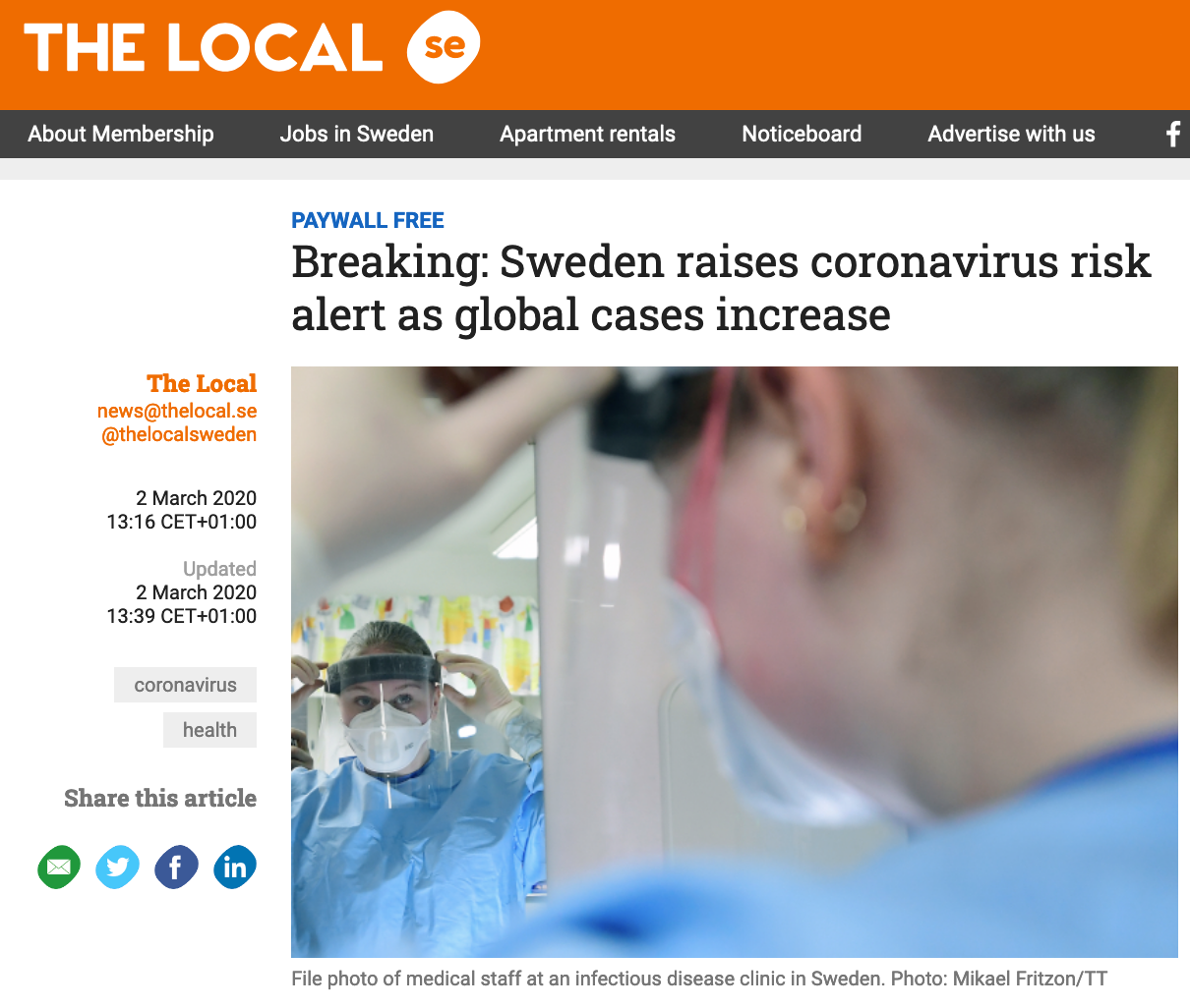 快讯瑞典将个人感染新冠病毒风险提升至非常高疫情扩散风险提升至中等