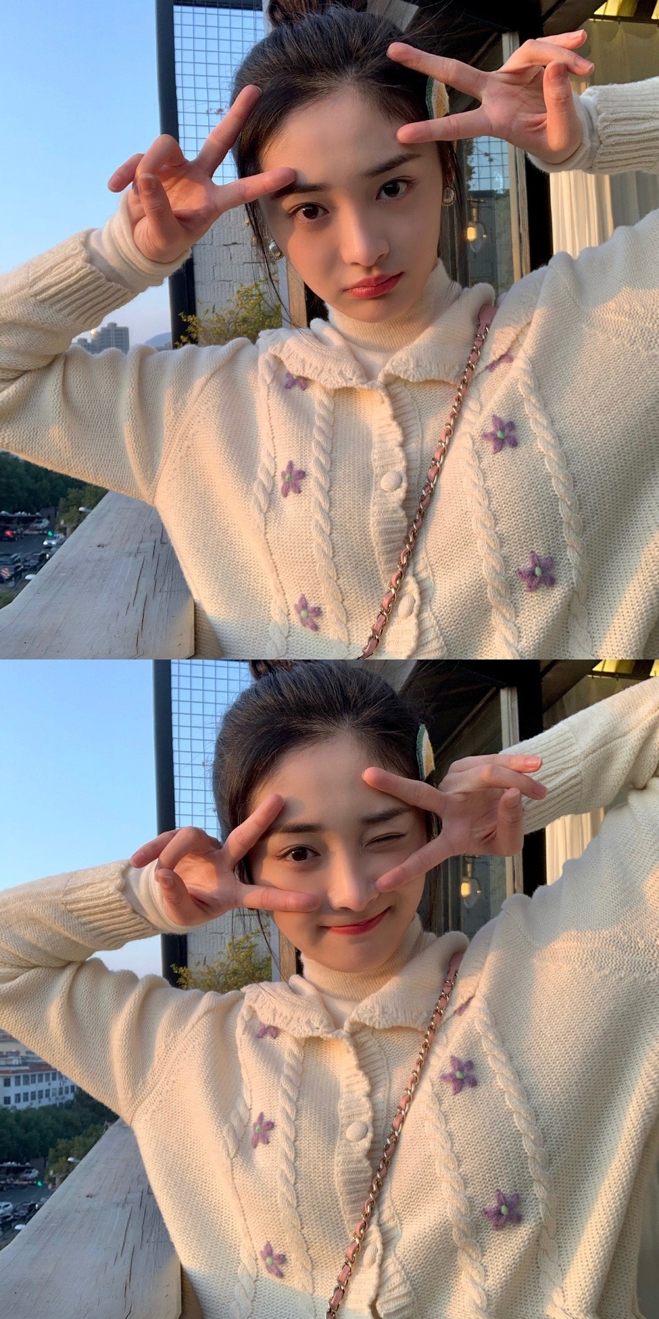 周洁琼晒库存美照 扎丸子头对镜甜笑元气满满