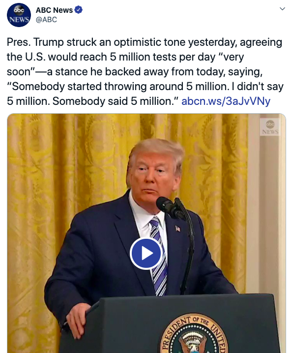 【海外网】特朗普不认账：我没说过，美国每天将检测500万人？